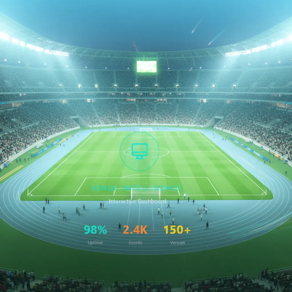 Venue intelligence dashboard over a modern stadium